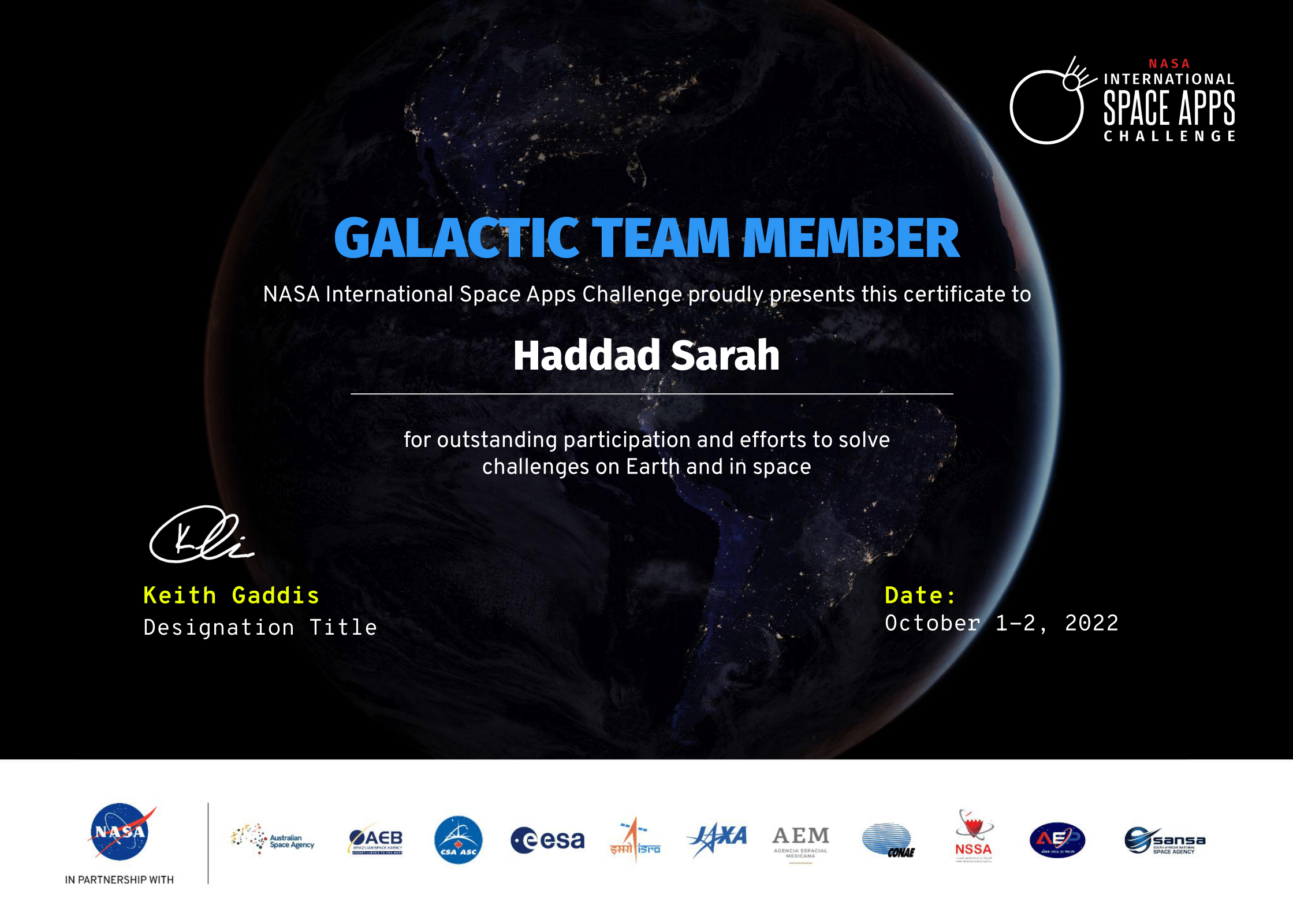 SpaceApps Challenge Certificate